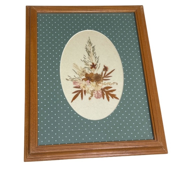 Vintage Other - Vintage 90s Rustic Pressed Dried Flower Art Hunter Green Mat Wood Brown Frame